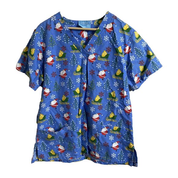 The Scrub Co Women’s Santa Scrub Top Blue With Adorable Santas Size Large - Picture 1 of 4